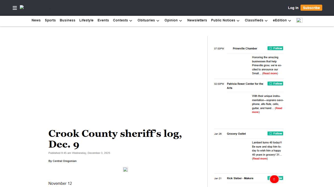 Crook County sheriff’s log, Dec. 9 Central Oregonian